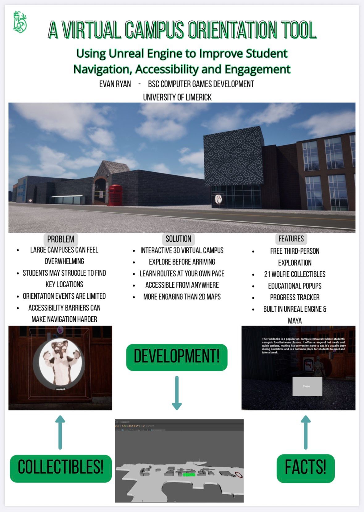 Poster for Evan Ryan's University of Limerick virtual campus orientation tool built in Unreal Engine